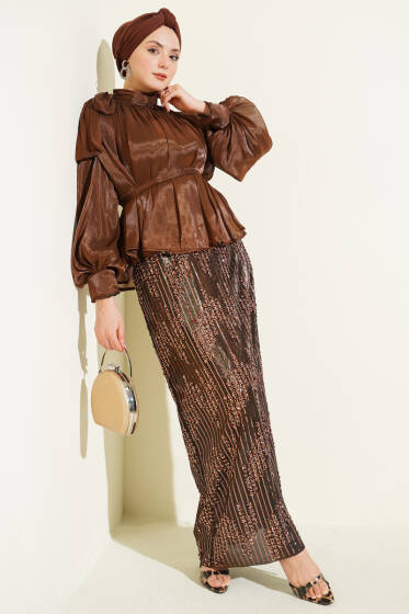 Pul Payetli Etekli Abiye İkili Takım Kahve - İkili Takım