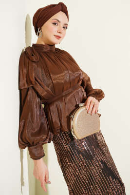 Pul Payetli Etekli Abiye İkili Takım Kahve - İkili Takım