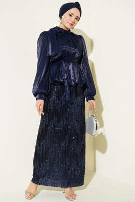 Pul Payetli Etekli Abiye İkili Takım Lacivert - CNR TEKSTİL