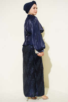 Pul Payetli Etekli Abiye İkili Takım Lacivert - İkili Takım