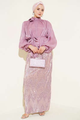 Pul Payetli Etekli Abiye İkili Takım Pudra - CNR TEKSTİL