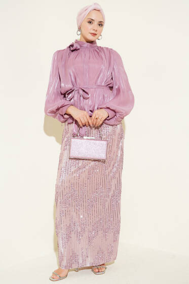 Pul Payetli Etekli Abiye İkili Takım Pudra - İkili Takım