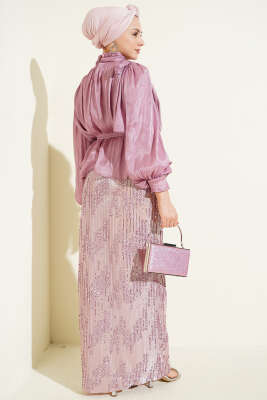 Pul Payetli Etekli Abiye İkili Takım Pudra - İkili Takım