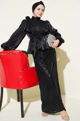 Pul Payetli Etekli Abiye İkili Takım Siyah - CNR TEKSTİL