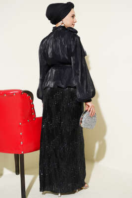 Pul Payetli Etekli Abiye İkili Takım Siyah - İkili Takım