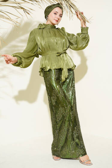 Pul Payetli Etekli Abiye İkili Takım Yağ Yeşili - İkili Takım