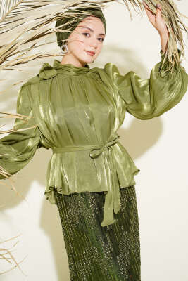 Pul Payetli Etekli Abiye İkili Takım Yağ Yeşili - İkili Takım