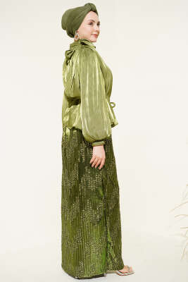 Pul Payetli Etekli Abiye İkili Takım Yağ Yeşili - İkili Takım