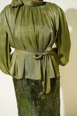 Pul Payetli Etekli Abiye İkili Takım Yağ Yeşili - İkili Takım