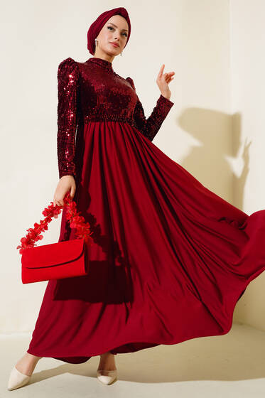 Pul Payetli Kuşaklı Elbise Bordo - Tesettür Elbise