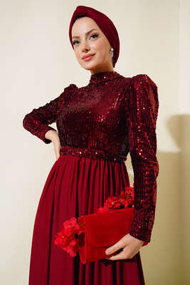 Pul Payetli Kuşaklı Elbise Bordo - Tesettür Elbise