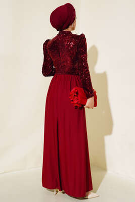 Pul Payetli Kuşaklı Elbise Bordo - Tesettür Elbise