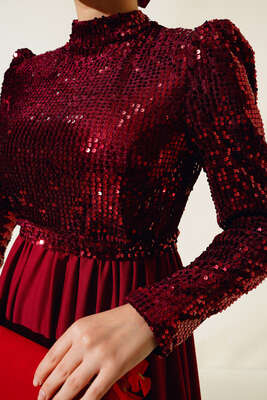 Pul Payetli Kuşaklı Elbise Bordo - Tesettür Elbise