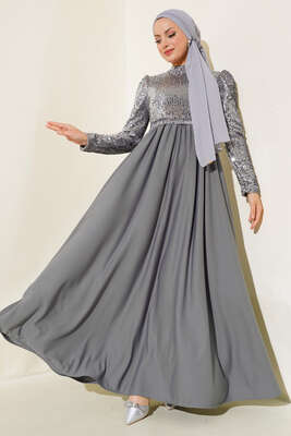 Pul Payetli Kuşaklı Elbise Gri - ALGI