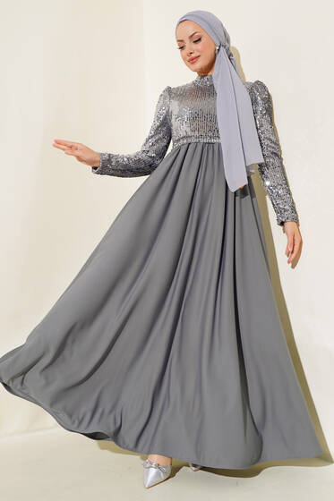 Pul Payetli Kuşaklı Elbise Gri - Tesettür Elbise