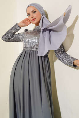 Pul Payetli Kuşaklı Elbise Gri - Tesettür Elbise