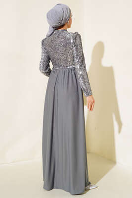 Pul Payetli Kuşaklı Elbise Gri - Tesettür Elbise