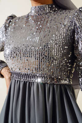 Pul Payetli Kuşaklı Elbise Gri - Tesettür Elbise