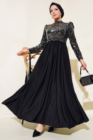 Pul Payetli Kuşaklı Elbise Siyah - Tesettür Elbise