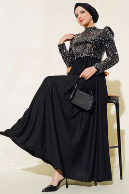 Pul Payetli Kuşaklı Elbise Siyah - Tesettür Elbise