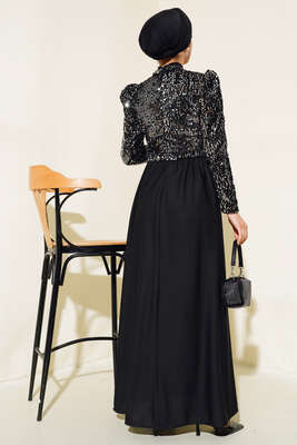 Pul Payetli Kuşaklı Elbise Siyah - Tesettür Elbise