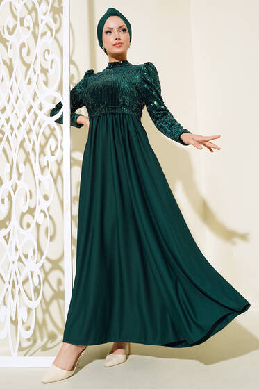 Pul Payetli Kuşaklı Elbise Zümrüt - Tesettür Elbise
