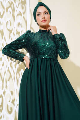Pul Payetli Kuşaklı Elbise Zümrüt - Tesettür Elbise