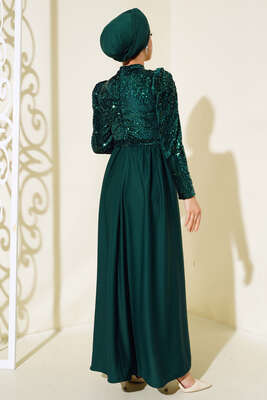 Pul Payetli Kuşaklı Elbise Zümrüt - Tesettür Elbise