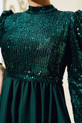 Pul Payetli Kuşaklı Elbise Zümrüt - Tesettür Elbise