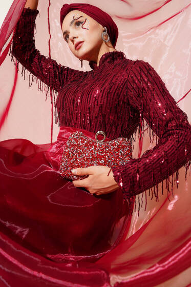 Pul Payetli Püsküllü Abiye Elbise Bordo - Abiye Elbise