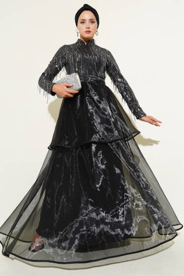 Pul Payetli Püsküllü Abiye Elbise Siyah Gümüş - Abiye Elbise