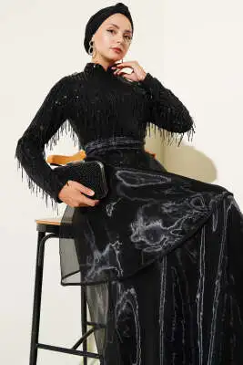 Pul Payetli Püsküllü Abiye Elbise Siyah - Tesettür Elbise