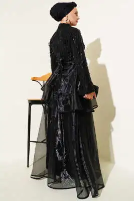 Pul Payetli Püsküllü Abiye Elbise Siyah - Tesettür Elbise