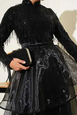 Pul Payetli Püsküllü Abiye Elbise Siyah - Tesettür Elbise