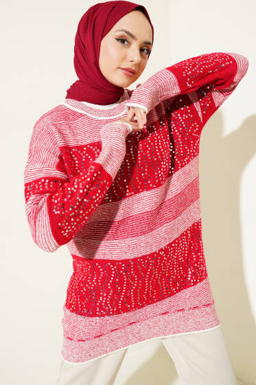Pullu Çizgili Triko Tunik Kırmızı - Spor Tunik