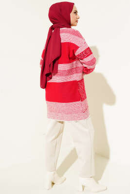 Pullu Çizgili Triko Tunik Kırmızı - Triko Tunik