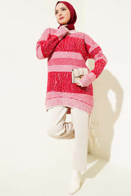 Pullu Çizgili Triko Tunik Kırmızı - Triko Tunik
