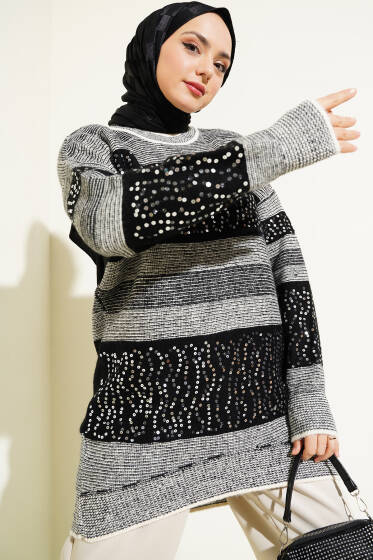Pullu Çizgili Triko Tunik Siyah - Spor Tunik