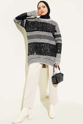 Pullu Çizgili Triko Tunik Siyah - Triko Tunik