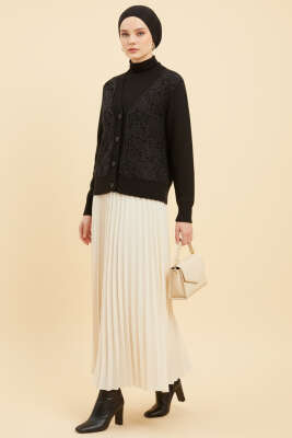 Pullu Dantelli Kısa Triko Hırka Siyah - Hırka