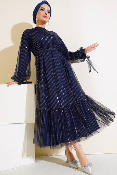 Pullu Kat Tül Elbise Lacivert - Tesettür Elbise