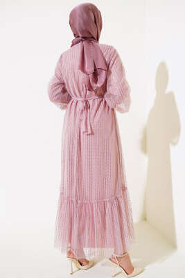 Pullu Kat Tül Elbise Pudra - Tesettür Elbise