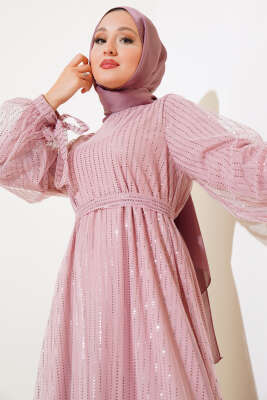 Pullu Kat Tül Elbise Pudra - Tesettür Elbise
