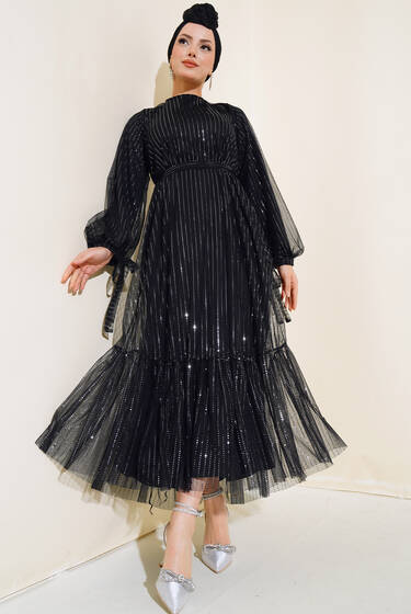 Pullu Kat Tül Elbise Siyah - Tesettür Elbise