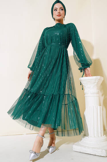 Pullu Kat Tül Elbise Zümrüt - Tesettür Elbise