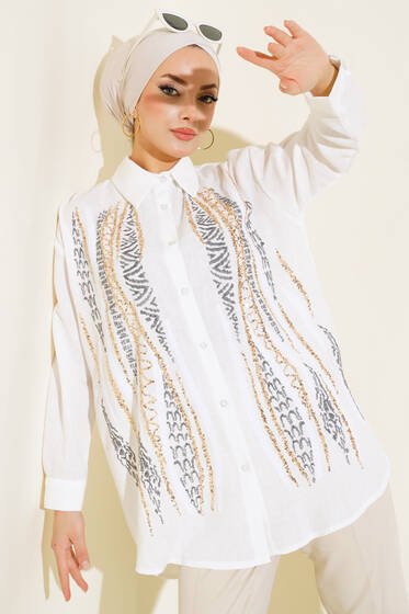 Pullu Nakışlı Gömlek Ekru - Gömlek