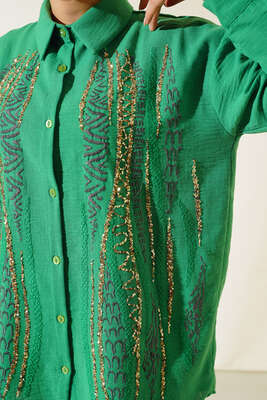 Pullu Nakışlı Gömlek Yeşil - Thumbnail
