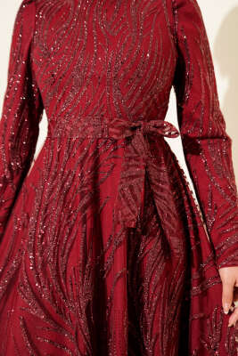 Pullu Simli Abiye Elbise Bordo - Elbise