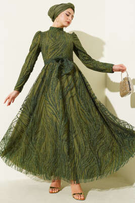 Pullu Simli Abiye Elbise Haki - CNR TEKSTİL