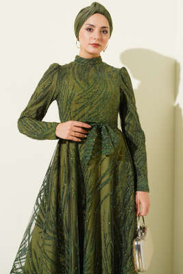 Pullu Simli Abiye Elbise Haki - Elbise